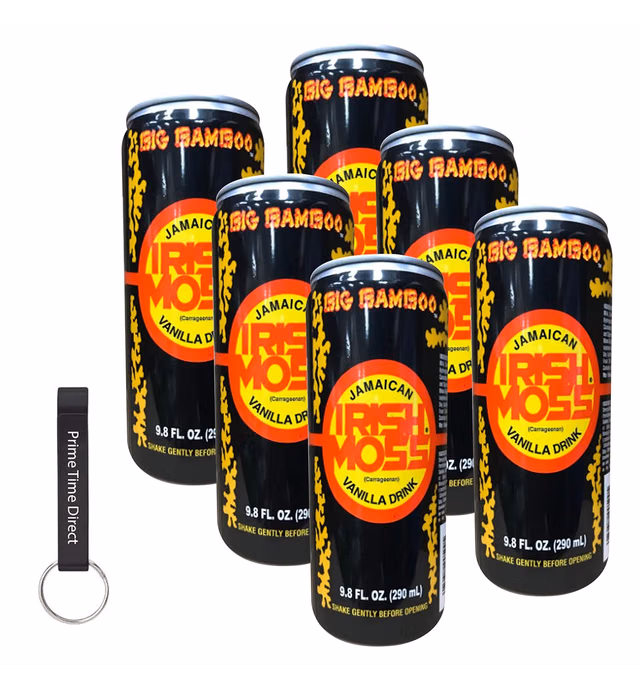Big Bamboo Irish Moss Vanilla Jamaican Energy Drink 9.8 oz (6 Pack) Bundle with PrimeTime Direct Keychain Bottle Opener in a PTD Sealed Box