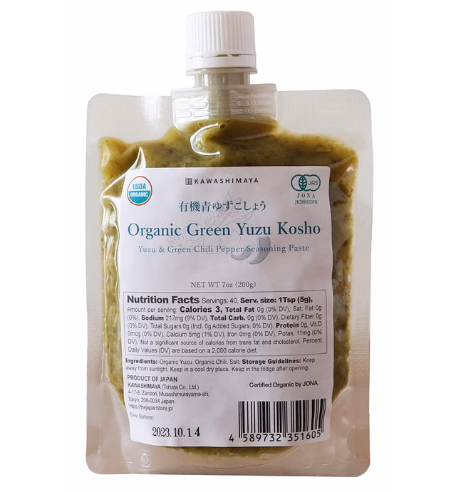 Kawashimaya Organic Green Yuzu Kosho Paste, Japanese Citrus and Pepper Spicy Seasoning Hot Sauce, Less Salty, Additive Free, Made in Japan 200g (7 oz)