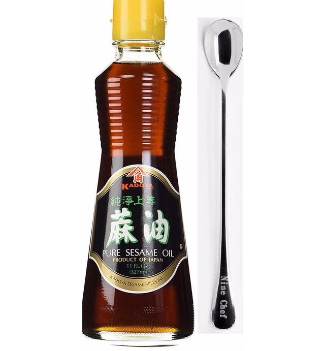 Kadoya Brand 100% Pure Sesame Oil (Sesame Oil 11 OZ, 1 Bottle) + One NineChef Long Handle Spoon Per Order