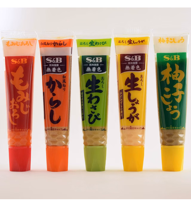 Assortment of Japanese Seasoning Wasabi(grated raw wasabi),Karashi,Citron Pepper,Momizi Oroshi(grated daikon and pepper),Grated Ginger Ninjapo™ Japan