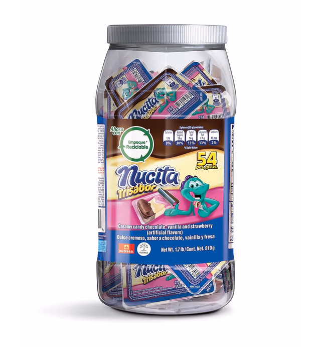 NUCITA Trisabor Jar, Delicious On-The-Go Treat, Chocolate, Vanilla & Strawberry Flavors, 54 Pieces Total, 28.57 Oz (Pack of 1)