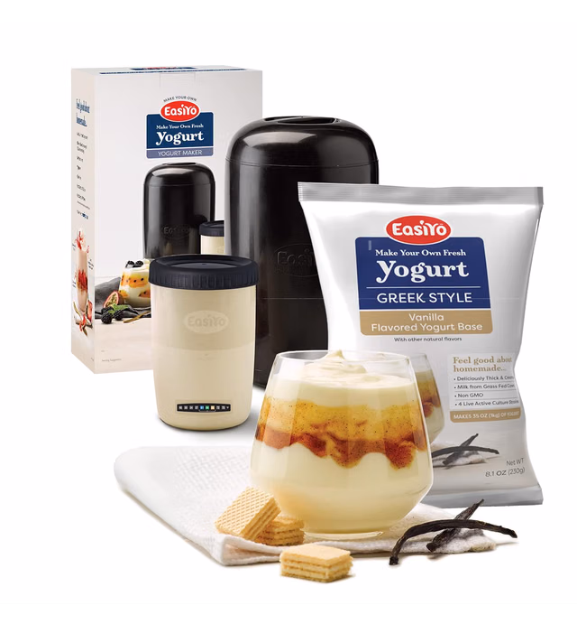 EasiYo Yogurt Starter Kit | EasiYo Yogurt Maker, Storage Jar and Greek Style Vanilla Flavored Yogurt Base (35oz, Makes 7 Servings) | Fresh Homemade Yogurt | New Zealand Milk from Grass Fed Cows