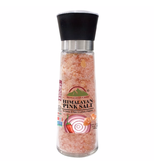 Himalayan Chef Pink Salt with Roasted Onion & Red Crushed Pepper, Tall Glass Grinder, 10.58 Oz
