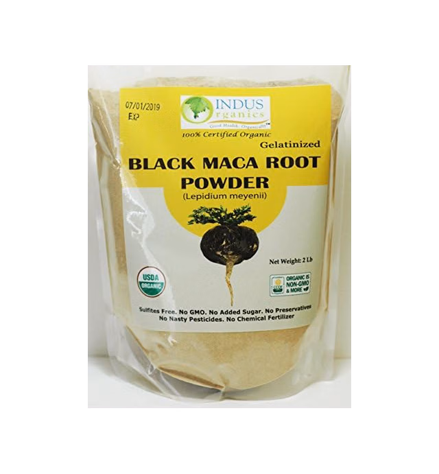 Indus Organics Black Maca Powder, 2 Lb Bag, Gelatanized, Freshly Harvested,Pre-Washed, Premium Quality, Non-GMO, Freshly Packed
