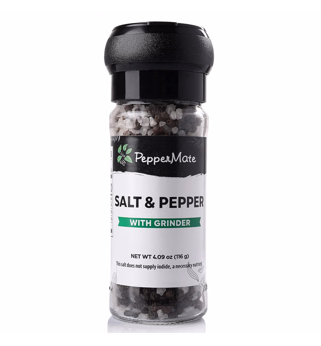 PepperMate Salt And Black Pepper Seasoning With Grinder- 2-In-1 Coarse Salt & Peppercorn Blend In Glass Grinder Container For Freshness- Gourmet Salt & Pepper Spices For BBQ, Cooking, Grilling, Baking