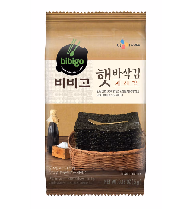 bibigo Roasted Seaweed Snack, Korean-Style Savory Seasoned with Salt and Sesame Oil, 5g (8-Pack)