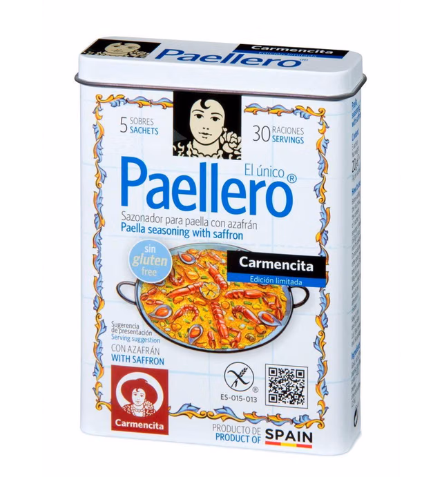 Carmencita. Paellero Paella Seasoning with Saffron (5 sackets) in metallic Tin. 20g (0.71oz)