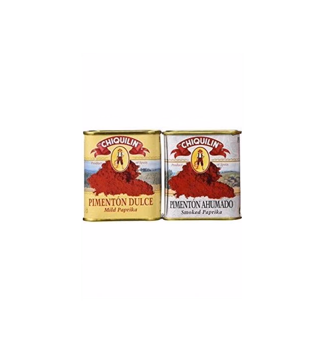 Chiquilin Pimenton, Smoked Paprika and Sweet Paprika, Gluten Free, Trans Fat Free, Vegetarian Spanish Paprika, 1 - 2.64oz. Tin of Each.