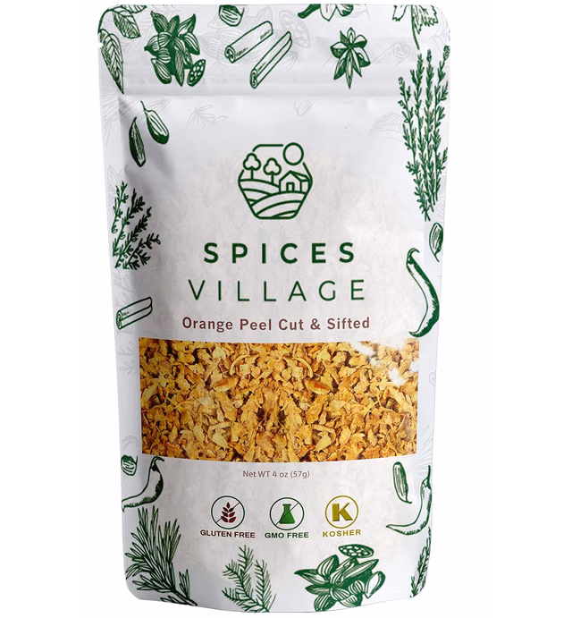 SPICES VILLAGE Orange Peel Cut & Sifted [4 oz] - Fresh Dried Orange Peel Zest and Rind, Citrus Fruit Seasoning for Cooking, Baking & Herb Tea - Kosher, Gluten Free, Non GMO, Resealable Bulk Bag