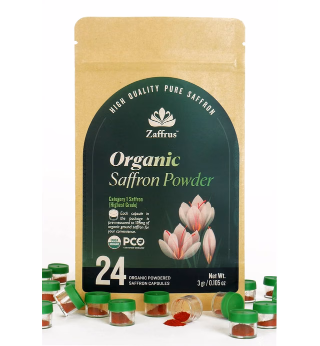Zaffrus - Certified Organic Premium Saffron Powder for Cooking Saffron Rice, Paella, Risotto, Soup, Desserts & Herbal Teas. Pack of 24 (3 gram/ .105 Oz)