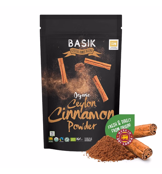 BASIK Organic Ceylon Cinnamon Powder Direct From Sri Lanka Farms - Vegan, Gluten Free, Non-GMO: Certified | FairTrade | True Cinnamon | Rainforest Alliance | Kosher (100g (3.5oz))