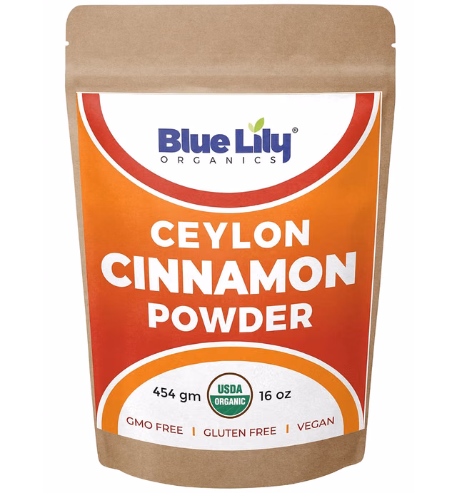 Blue Lily Organics Ceylon Cinnamon Powder, USDA Certified Organic, 100% Raw, Delicious, Aromatic Ground Cinnamon, Perfect for Baking, Cooking & Smoothies, Antioxidant, Weight Management, 1 Lb Bag