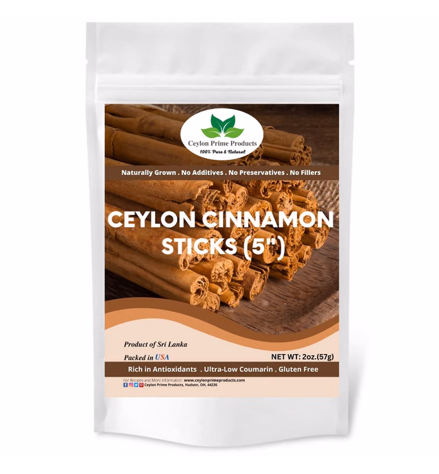 Ceylon Cinnamon Sticks 5" (2oz), Premium Grade True Cinnamon from Sri Lanka, 100% Pure and Natural in a Resealable Bag