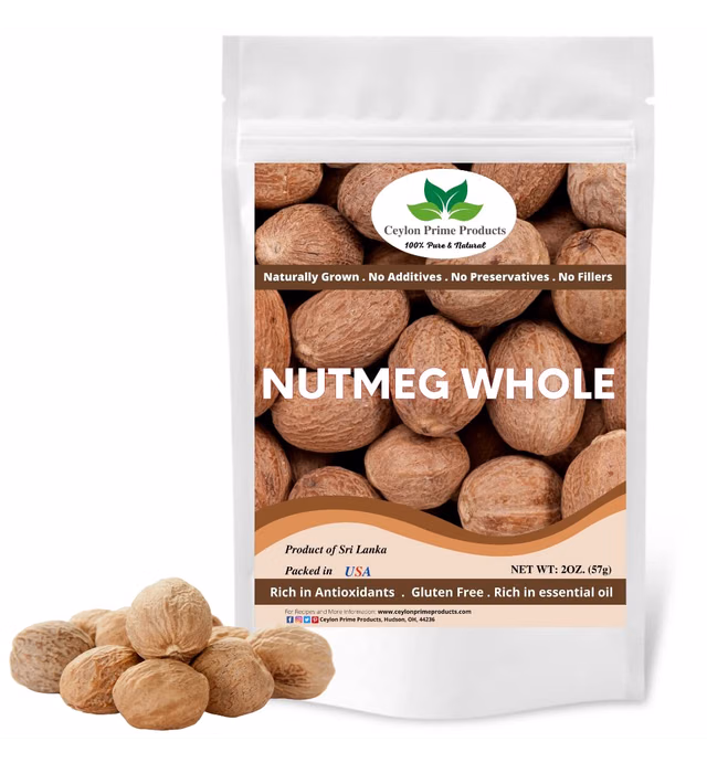Nutmeg Whole by Ceylon Prime Products (2oz) | 100% Pure & Natural Premium Nutmeg from Sri Lanka | In a Resealable Bag