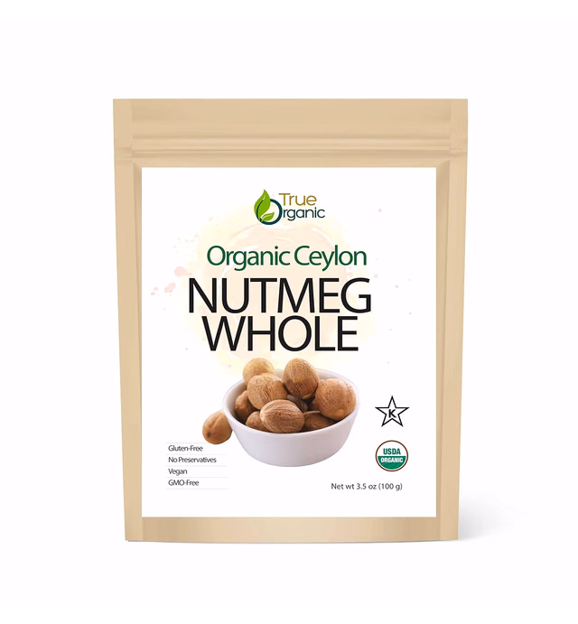 True Organic Ceylon Nutmeg Whole 3.5 Oz - USDA Certified, Pure Ceylon Premium Quality