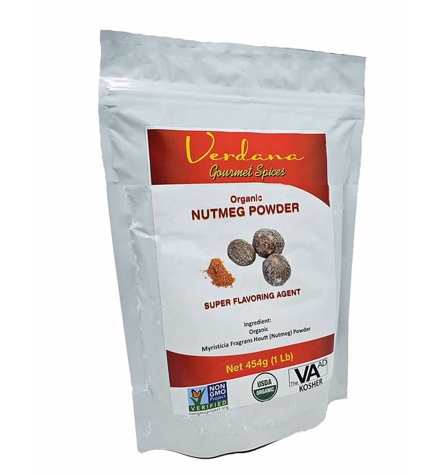 Organic Verdana Nutmeg Ground Powder – Certified Organic, Kosher, Non-GMO, Non-Irradiated – Great for Cooking and Baking – 1 Lb. (454g)