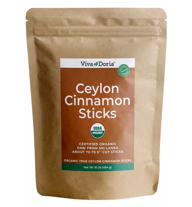 Viva Doria Organic Ceylon Cinnamon Sticks, 5'' Cut, Alba Grade, True Cinnamon, 16 Oz, | 70-75 Sticks | 100% Raw From Sri Lanka