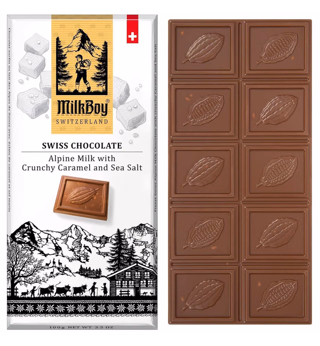 Milkboy Swiss Milk Chocolate Salted Caramel - Alpine Milk Chocolate Bars with Crunchy Caramel Sea Salt - Gluten-Free Non-GMO All Natural - Chocolates Candy Made in Switzerland - 3.5 oz - 3 Pack