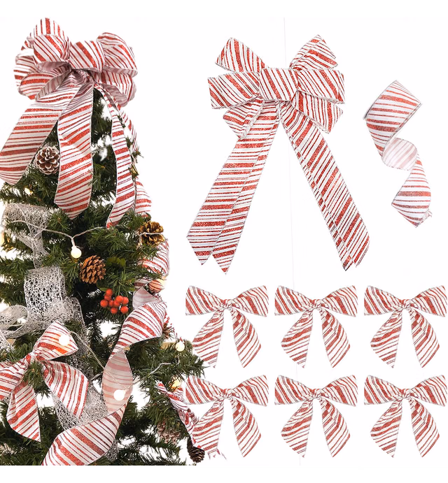 CT CRAFT LLC Christmas Tree Topper Bow - 12" Topper Bow + 6.5" Bow + 10 Yards Ribbon Roll - Red Stripe