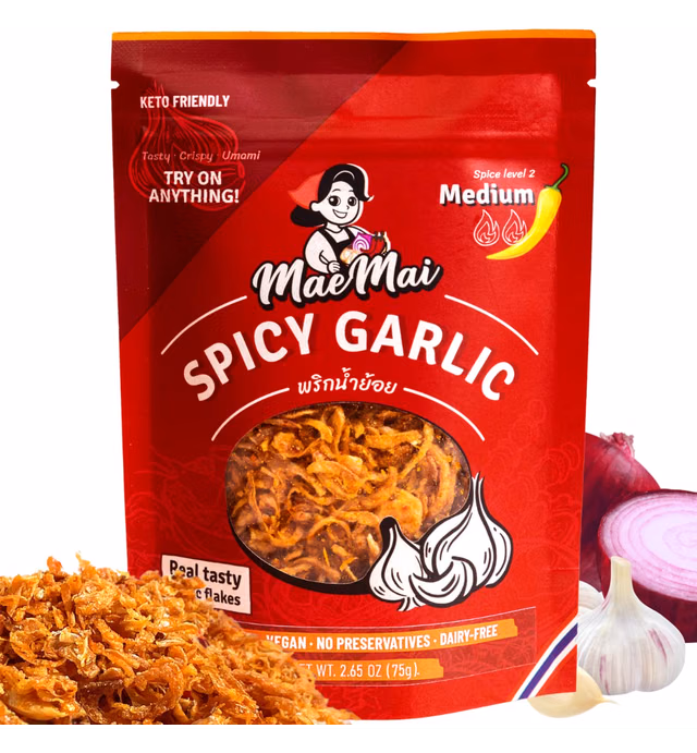 MaeMai Crispy Onions & Garlic Flakes - Keto, Healthy Spicy Seasoning, Salad Toppings, Fried Onions - Ramen, Rice Seasoning, Vegan, Low Carb | 75g (CONTAINS SILICA PACK)