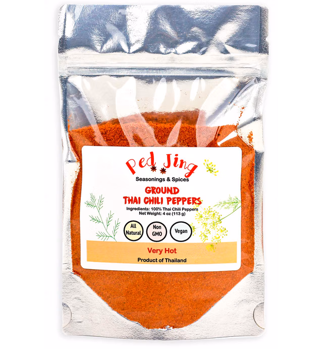 Ped Jing Extra Spicy Ground Thai Chili Peppers, Very Hot Thai Chili Powder, All Natural, Non-GMO, 4 Ounce113 Gram