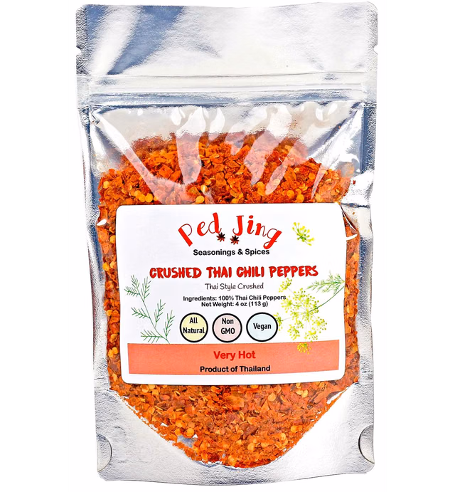 Ped Jing Very Spicy Crushed Thai Chili Peppers, Extra Hot Thai Chili Pepper Flakes, Perfect for Pizza, Pasta and Other Hot Dishes, 4 Ounce / 113 Gram, Product of Thailand