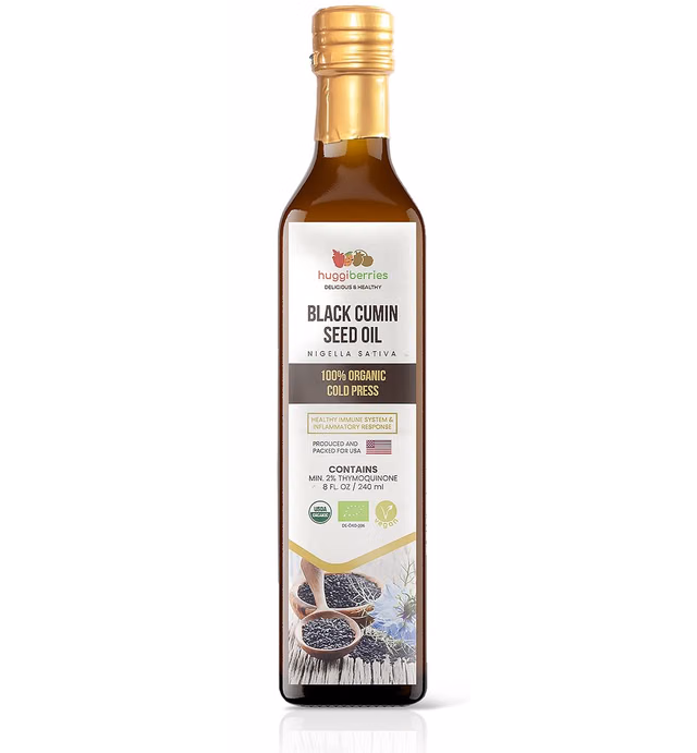Huggiberries Organic Black Seed Oil Liquid - Gluten-Free Oil for Salads, Dips, Dressings, Veggies - Cold Pressed Turkish Cumin, Rich in Thymoquinone Immunity Supplement - 8 fl.oz./250ml