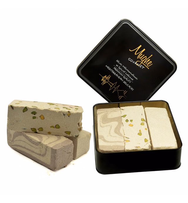 Mughe Gourmet Halva Assortment 1.88lbs (850g) Elegant Tin Gift Box - 3 Delicious Marble Sesame Seed Tahini Halvah Bar: Antep Pistachio, Cocoa, Vanilla Plain - Flaky Turkish Halawa, Vegan Sweet - Ideal for Father's Day, Birthdays, Special Occasions