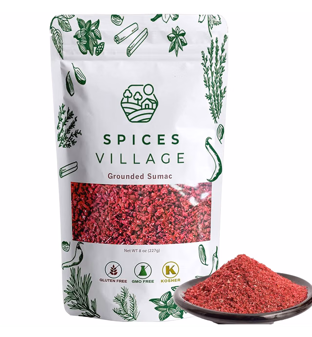 SPICES VILLAGE [ 8 oz ] Sumac Powder, Staghorn Ground Sumac Spice, Cured Sumac Bran from Sumac Berries, Mediterranean Turkish Dried Sumac - Kosher Certified, Gluten Free Non GMO, Resealable Bag