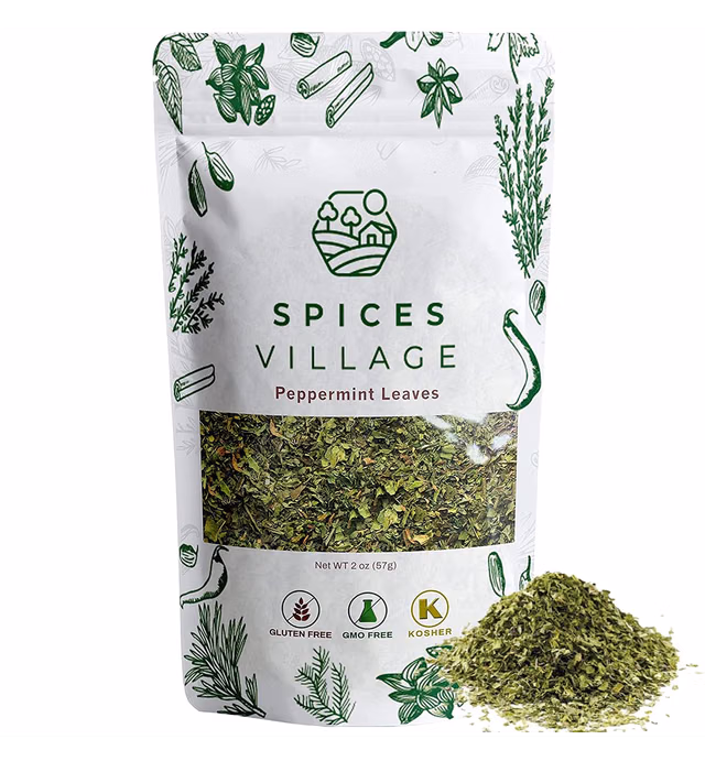 SPICES VILLAGE Dried Peppermint Leaves (2 oz) - Fresh Peppermint Leaves, Mint Herb, Crushed Mint Spice Great for Loose Leaf Tea, Dry Mint Powder, Cut and Sifted - Kosher, Gluten Free, Non GMO, Resealable Bulk Bag