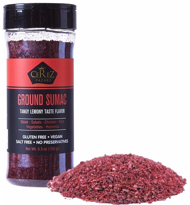 Cerez Pazari - Sumac Spice Powder - Turkish Sumac Seasoning - 5.2oz Easy To Use Flapper Spice Cap- Tangy Lemony Taste Flavor- Salt Free, Gluten Free, Middle Eastern and Mediterranean Spices