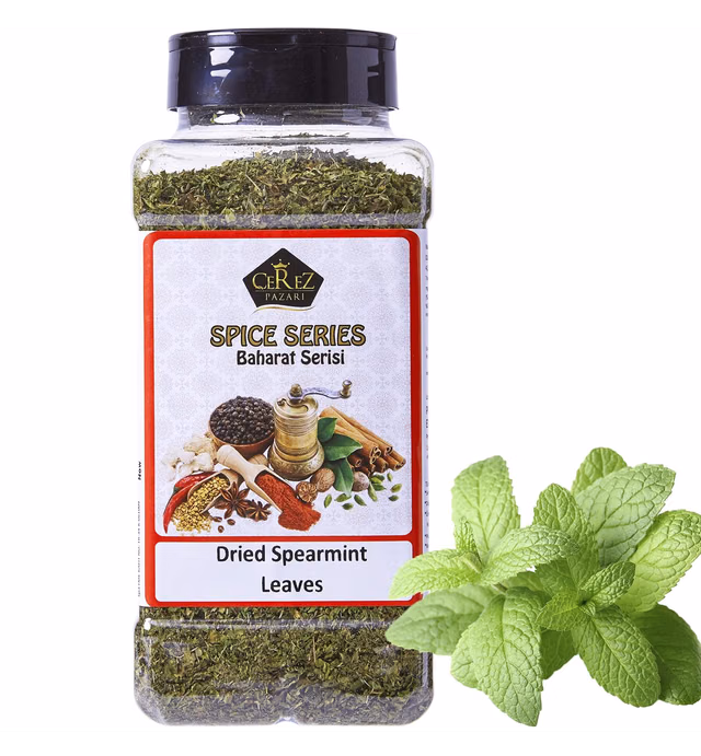 Cerez Pazari Dried Mint Leaves 5.3oz |%100 Natural, Non-irradiated, Non-GMO, Gluten Free, Raw Turkish Dried Spearmint Leaves, Crushed Peppermint Tea | Plastic Pet & Easy to Use Flapper Spice Cap