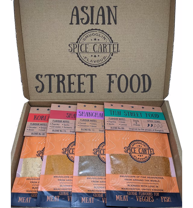 Spice Cartel's Asian Street Food Collection of Artisanal Herb & Spice Blends from Across Asia. Hand Made with Love in The UK. 4 * 35g Resealable Pouches.