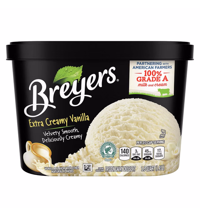 Breyers Frozen Dairy Dessert For a Delicious Frozen Treat Extra Creamy Vanilla Made with 100% Grade A Milk & Cream 48 oz