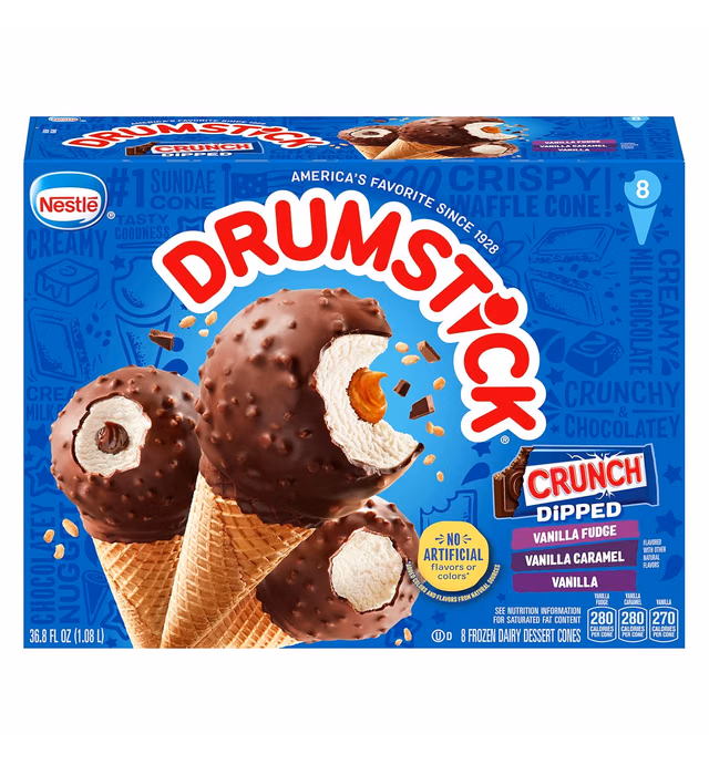 Drumstick Dipped Variety Pack, Vanilla Fudge, Vanilla Caramel, Vanilla Sundae Cone, 8 Count (Frozen)
