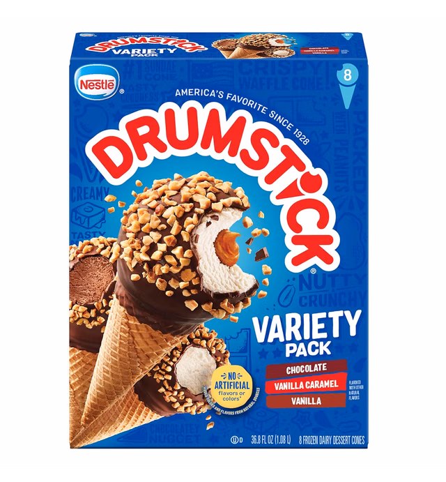 Drumstick Variety Pack, Vanilla/Vanilla Caramel/Chocolate Sundae Cone, 8 Count (Frozen)