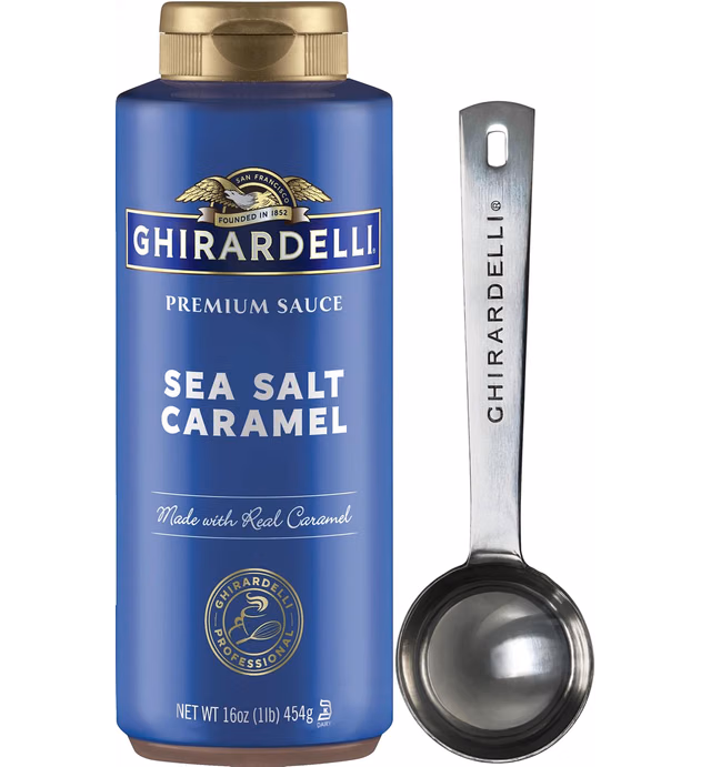 Ghirardelli Sea Salt Caramel Flavored Sauce, 16 Ounce Squeeze Bottle with Ghirardelli Stamped Barista Spoon
