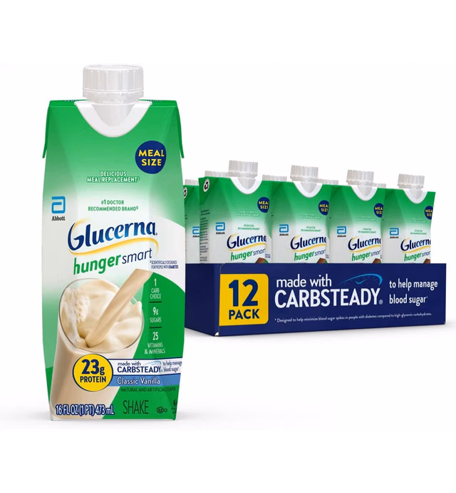 Glucerna Hunger Smart Meal Size Shake, Diabetic Meal Replacement, Blood Sugar Management, 23g Protein, 250 Calories, Homemade Vanilla, 16-fl-oz Carton, 12 Count