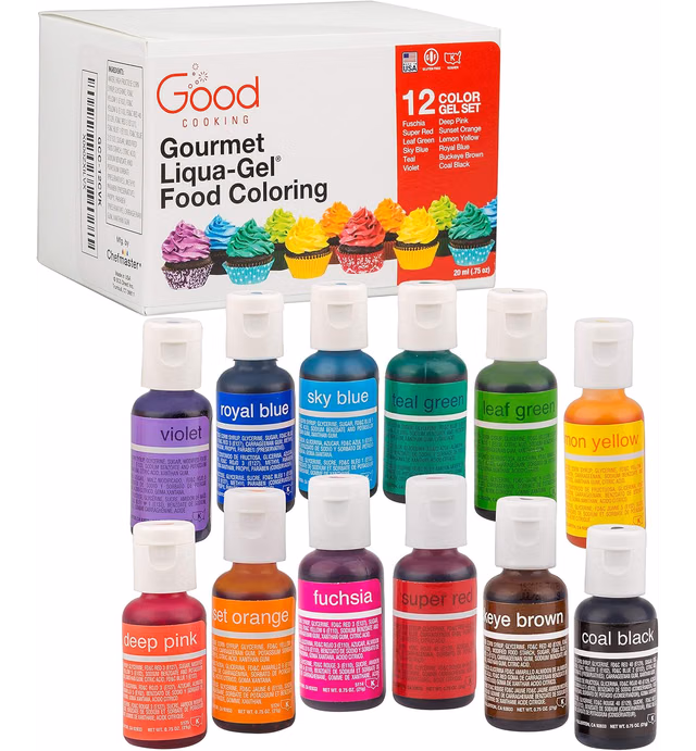 Food Coloring Liqua-Gel 12 PK (9 oz, 264 mL) - 12 Bold Primary Color Kit in .75 fl. oz (22mL) Bottles - for Baking, Decorating, Fondant, Cooking, DIY Slime, Crafts and More
