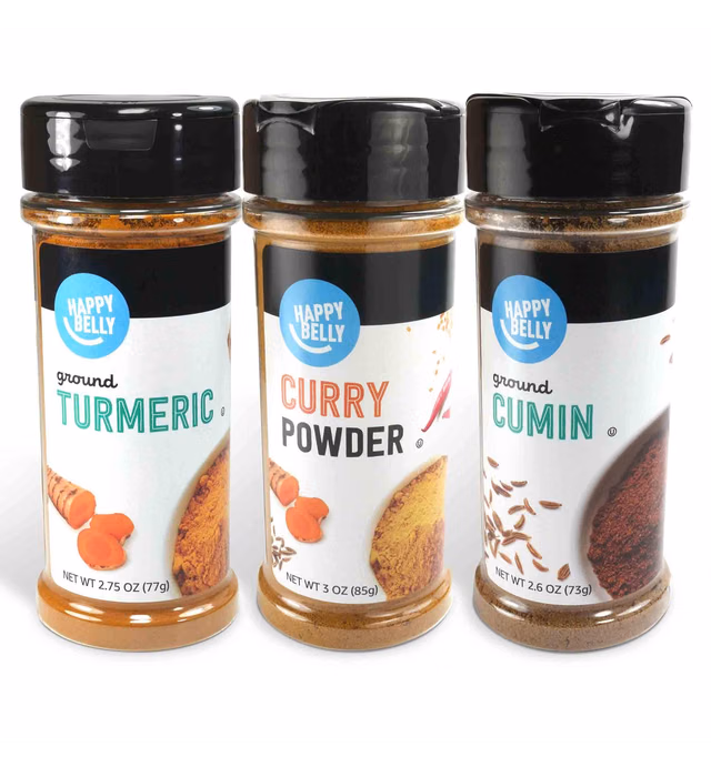 Amazon Brand - Happy Belly Indian Curry Spices (Curry Powder, Turmeric, Cumin), 3 Piece Set