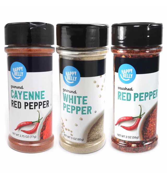 Amazon Brand - Happy Belly Pepper Variety Pack (Cayenne, White Pepper, Crushed Red Pepper), 3 Piece Set