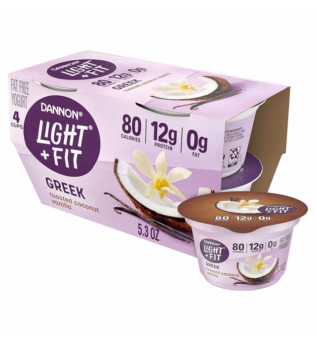 Dannon Light + Fit Greek Toasted Coconut Vanilla Fat Free Yogurt, Creamy and Delicious Gluten Free Yogurt, 4 Ct, 5.3 OZ Yogurt Cups (Packaging May Vary)