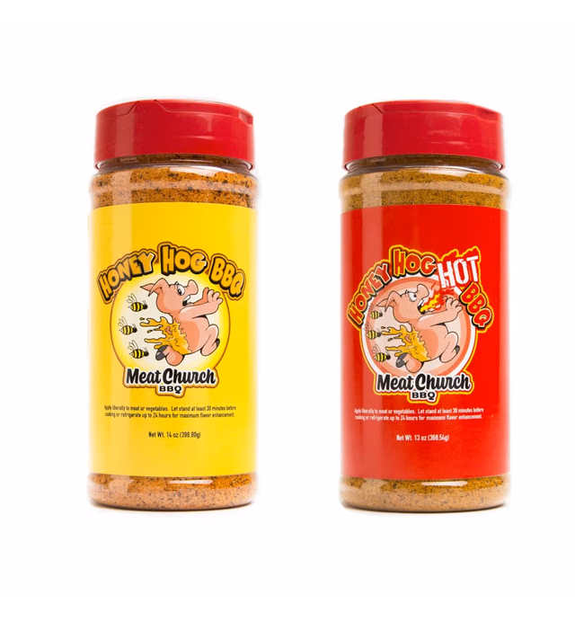 Meat Church Honey Hog BBQ Rub Combo: Honey Hog (14 oz) and Honey Hog Hot (13 oz) BBQ Rub and Seasoning for Meat and Vegetables, Gluten Free, One Bottle of Each