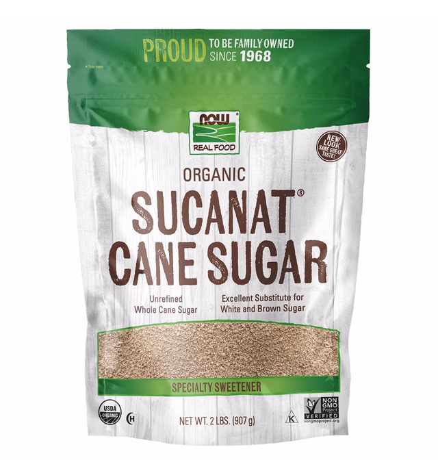 NOW Foods, Certified Organic Sucanat Cane Sugar, Powder from Pure Evaporated Cane Syrup, Excellent Substitute for White and Brown Sugar, Certified Non-GMO, 2-Pound (Packaging May Vary)