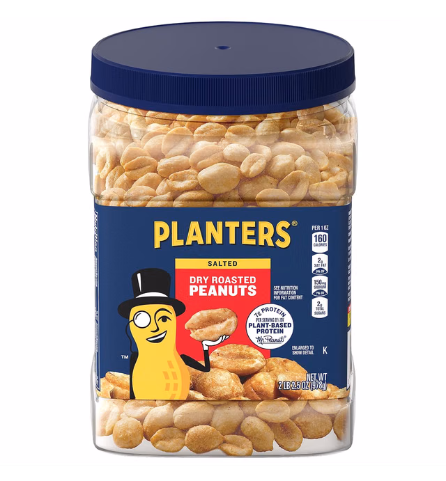 PLANTERS Dry Roasted Peanuts, 34.5 oz. Resealable Plastic Jar - Peanuts with Sea Salt - Peanut Snacks - Shareable Snacks - Heart Healthy Snacks for Adults - Great School Snack or Work Snack - Kosher