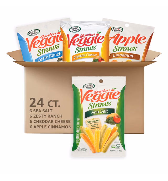 Sensible Portions Veggie Straws, Snack Size Variety Pack, Sea Salt, Ranch, Cheddar, Apple Cinnamon, 1 Oz, Pack of 24