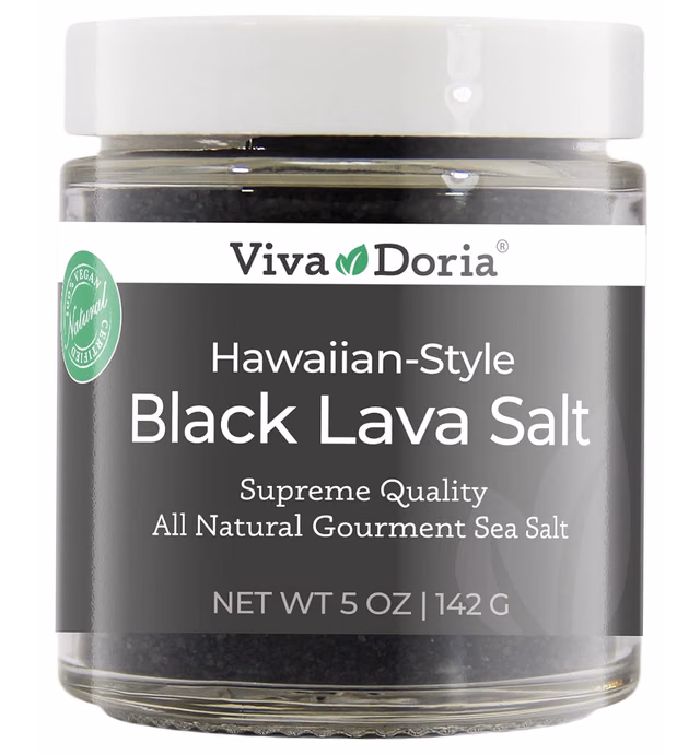 Viva Doria Hawaiian Black Lava Sea Salt, Fine Grain, Lava Salt, 5 Oz Glass Jar