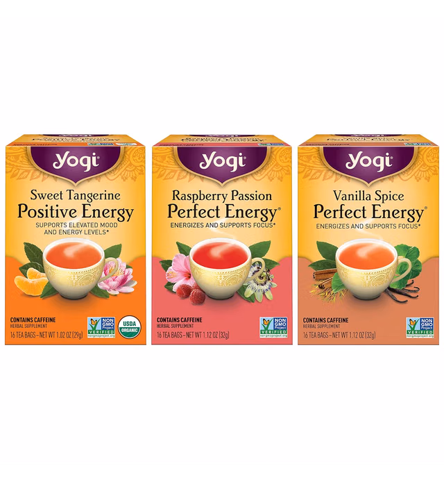 Yogi Tea - Positive Energy Tea Variety Pack Sampler (3 Pack) Sweet Tangerine , Raspberry Passion Perfect and Vanilla Spice Contains Caffeine 48 Bags
