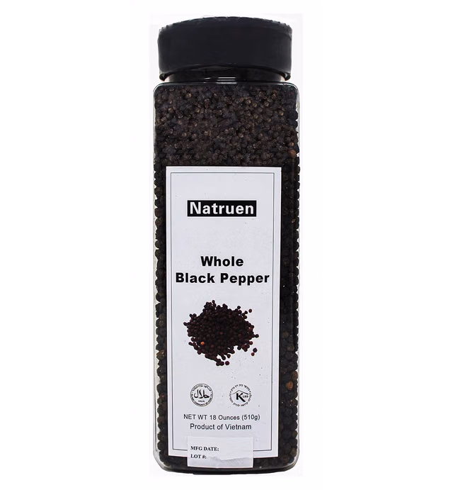 Natruen Whole Black Pepper 18 Ounces, Black Peppercorns, All Natural, Non-GMO, Vegan, Gluten Free, Kosher, and Halal