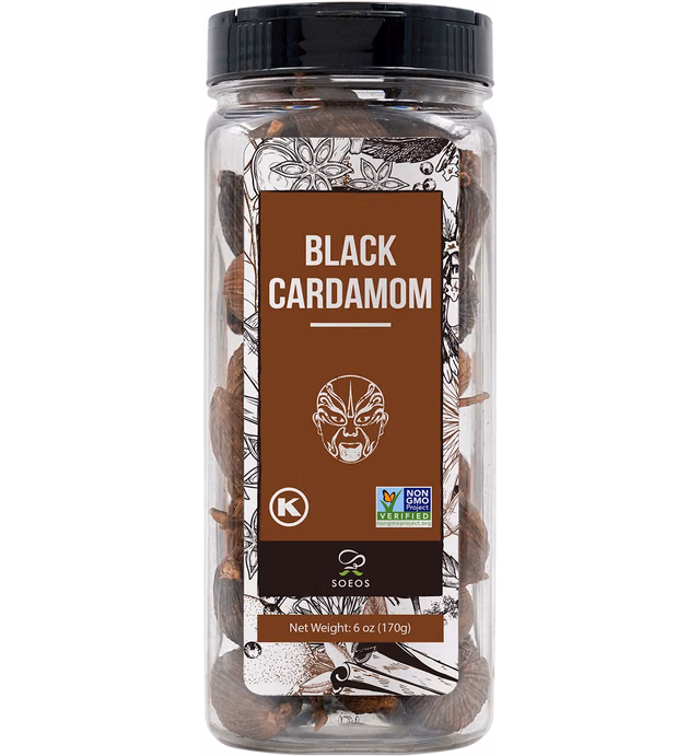 Soeos Black Cardamom 6 Ounces, NON GMO Verified, Kosher, Asian and India Cooking Spice, Smoky Flavor, Freshly Dried Cardamom, Cardamom Seeds, Cardamom Pods for Cooking, Whole Kali Elaichi, 6oz.